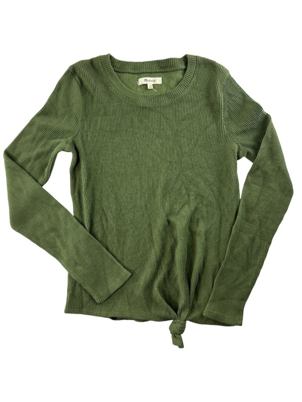 Madewell XXS Ribbed Knit Top Olive Green Long Sleeve Front Tie Knot NWOT Casual
